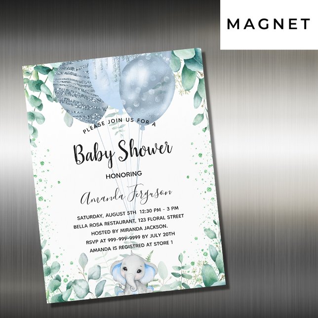 Baby Shower blue elephant eucalyptus boy luxury Magnetic Invitation (Creator Uploaded)
