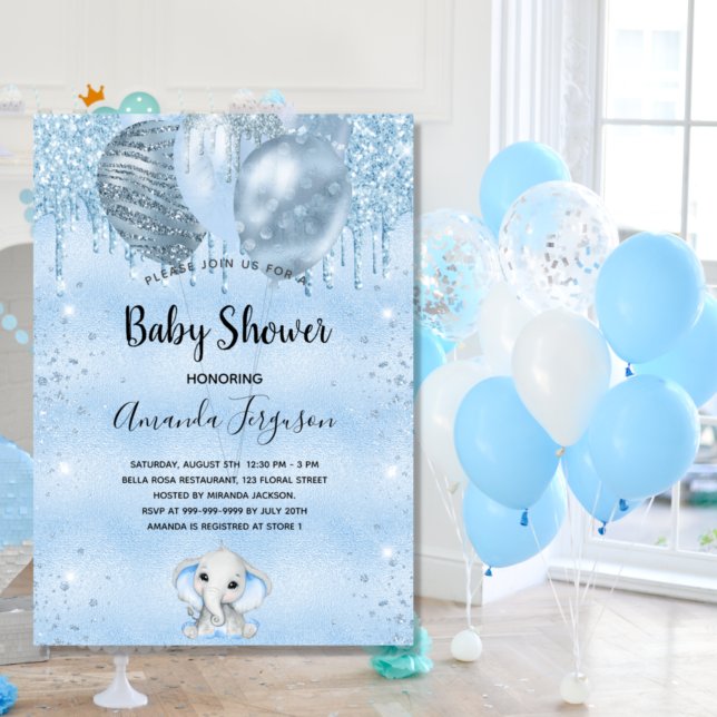 Baby Shower blue glitter elephant boy balloons Invitation (Creator Uploaded)