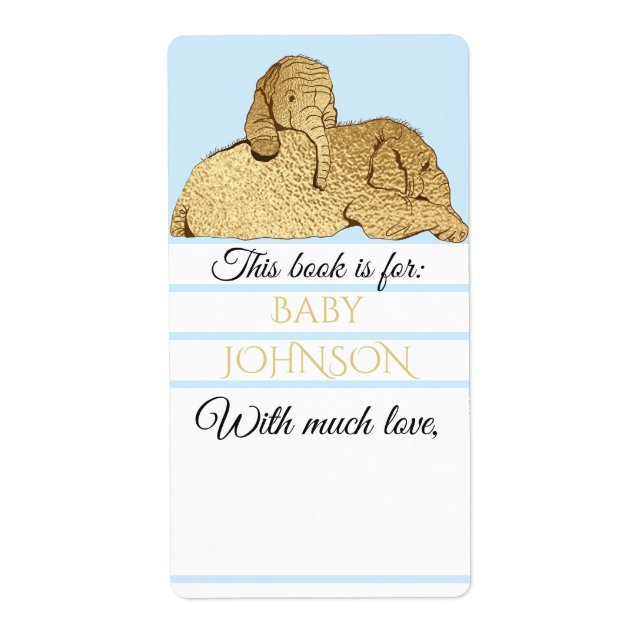 Baby Shower Blue Gold Elephant Bookplate Sheet 8 (Front)