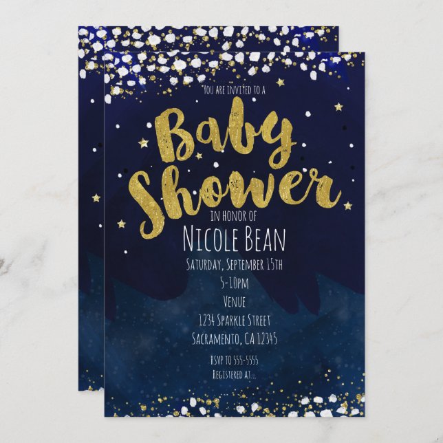 Baby Shower Blue & Gold Starry Night Invitations (Front/Back)