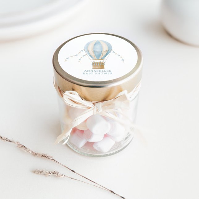 Baby shower blue hot air balloon adventure awaits classic round sticker (Creator Uploaded)