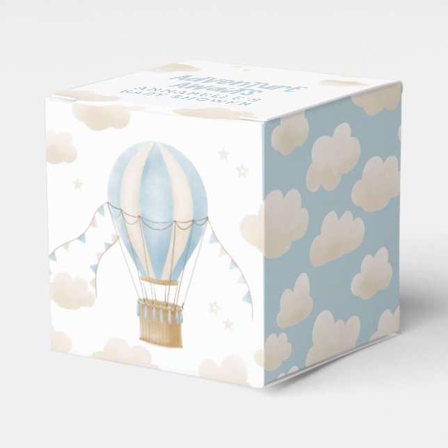 Baby shower blue hot air balloon adventure awaits favour box (Front Side)