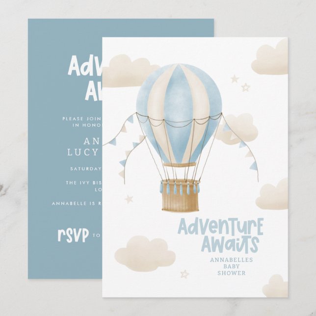 Baby shower blue hot air balloon adventure awaits invitation (Front/Back)