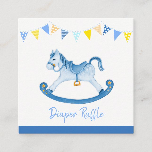 Baby shower blue rocking horse diaper raffle cards (Front)
