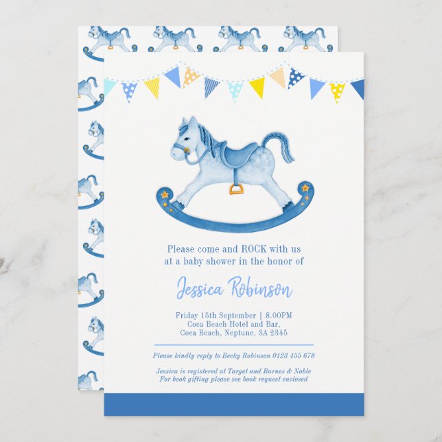 Baby shower blue rocking horse invitations (Front/Back)