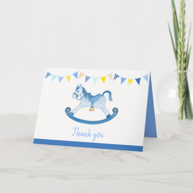 Baby shower blue rocking horse watercolor art card (Front)