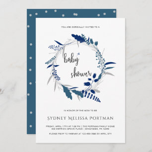 Baby Shower Blue Rustic Wreath Botanical Invitation