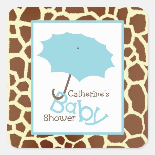 Baby Shower Blue Umbrella & Giraffe Print Square Sticker (Front)