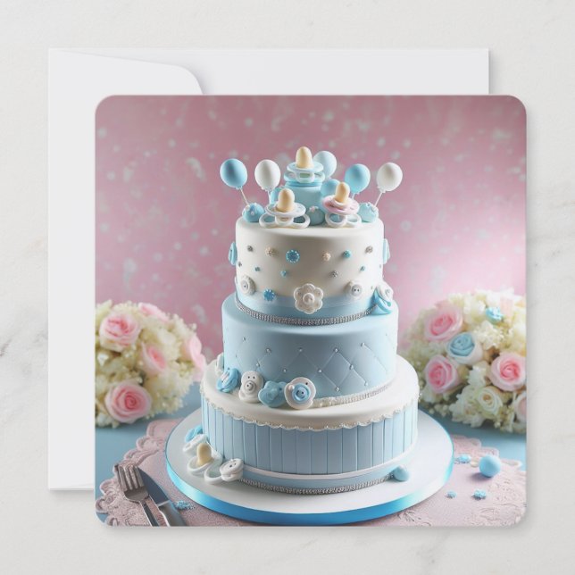 BABY SHOWER, BLUE & WHITE CAKE WITH PACIFIERS INVITATION (Front)
