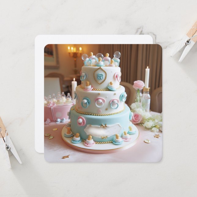 BABY SHOWER, BLUE & WHITE CAKE WITH PACIFIERS INVITATION (Front/Back In Situ)