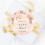 Baby Shower blush pampas grass rose teddy Classic Round Sticker<br><div class="desc">For an elegant and modern baby shower. A rustic blush pink and rose gold gradient background. Decorated with rose gold, pink florals, pampas grass and a teddy bear holding a balloon. Personalise and add a name and date. For party favours or as a Save the Date reminder for the guests....</div>