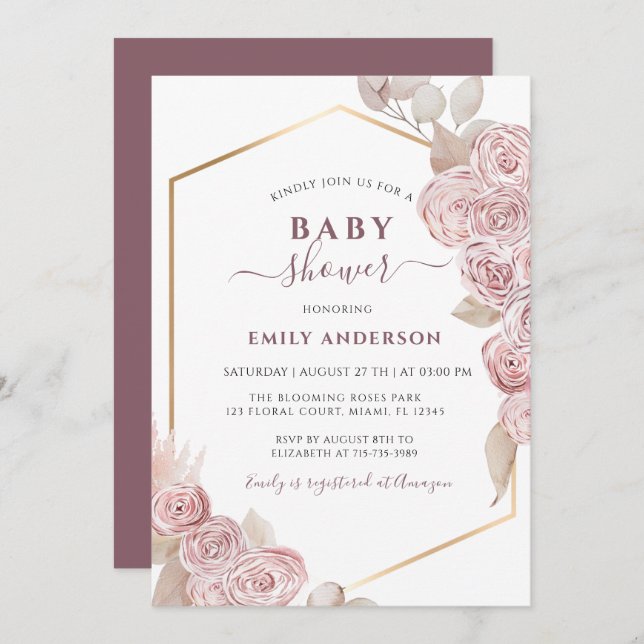  Baby Shower Blush Pink Floral and Golden  Invitation (Front/Back)