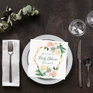 Baby shower blush pink floral geometric monogram napkin