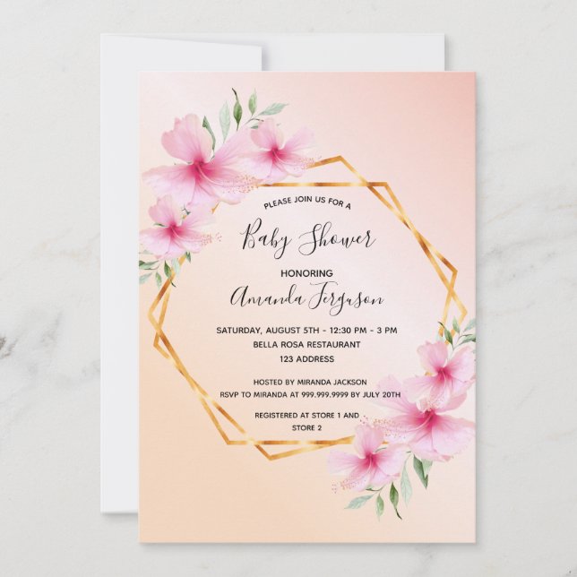 Baby shower blush pink floral gold geometric invitation (Front)