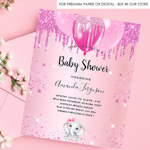 Baby Shower blush pink glitter balloon elephant Invitation Postcard