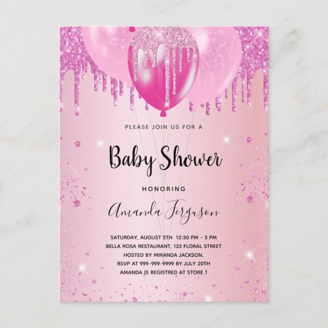 Baby Shower blush pink glitter dust balloons girl  Invitation Postcard (Front)