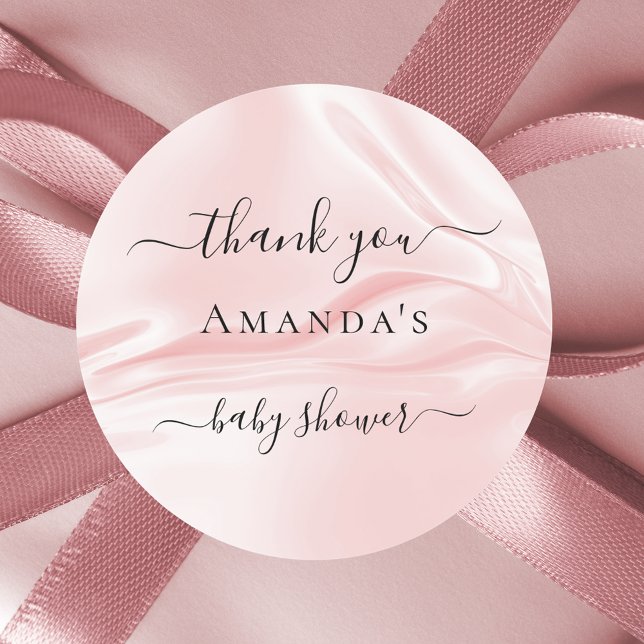 Baby Shower blush pink silk satin name thank you Classic Round Sticker (Creator Uploaded)