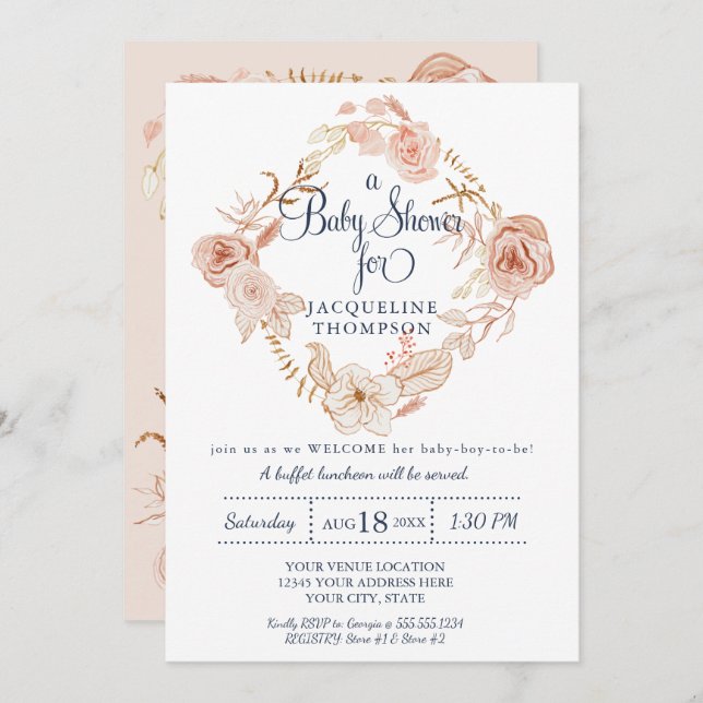 Baby Shower Blush Pink Watercolor Floral Greenery Invitation (Front/Back)