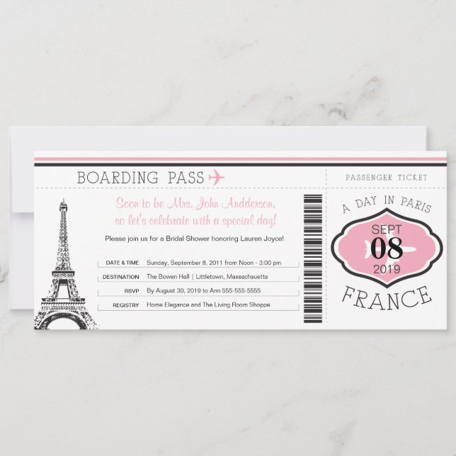 Baby Shower Boarding Pass to Paris Invitation (Front)