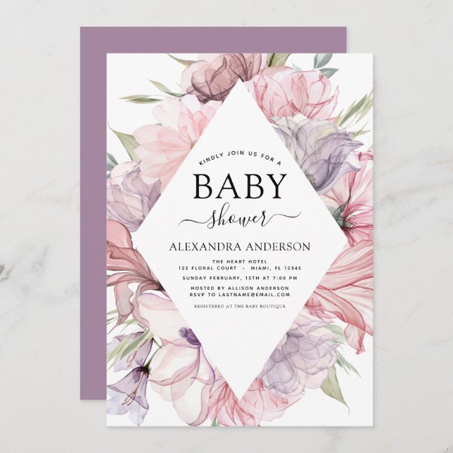 Baby Shower Boho Dusty Pink Purple Invitation (Front/Back)