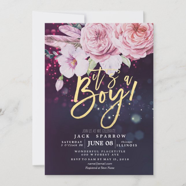 Baby Shower Boho Floral Feather Purple Bokeh Light Invitation (Front)