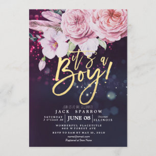 Baby Shower Boho Floral Feather Purple Bokeh Light Invitation