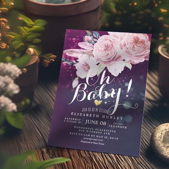 Baby Shower Boho Floral Feather Purple Bokeh Light Invitation (Creator Uploaded)