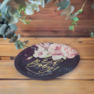 Baby Shower Boho Floral Feather Purple Bokeh Light Paper Plate