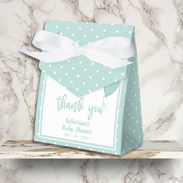Baby Shower BOHO Gender Neutral Mint Green Favour Box (Baby Shower Thank You Favor Box with Bow, Mint Green Polka Dots, Balloon, Mom's Name, Date.)