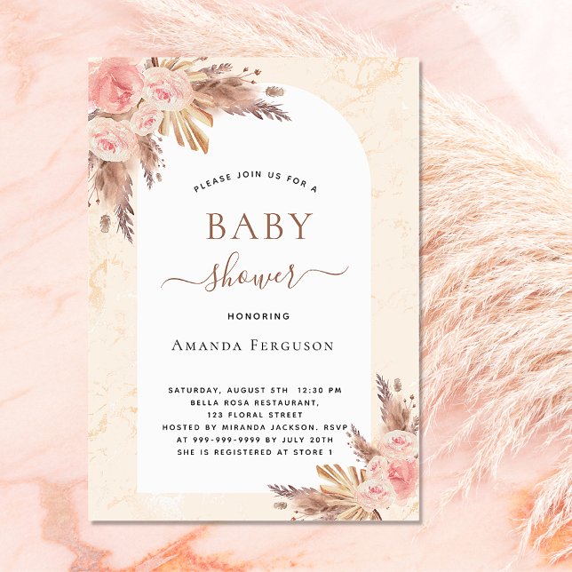 Baby shower boho pampas grass rose gold blush pink invitation (Creator Uploaded)