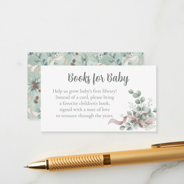 Baby Shower Book Request - Eucalyptus Ribbon Enclosure Card (Front/Back In Situ)