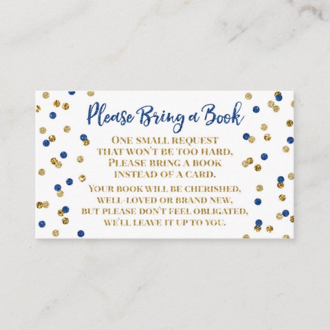 Baby Shower Book Request Navy Blue Gold Confetti Enclosure Card (Front)