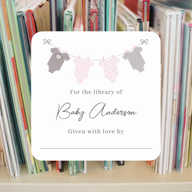 Baby shower bookplate baby clothesline square sticker (Creator Uploaded)