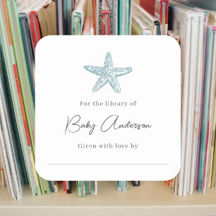 Baby shower bookplate blue starfish square sticker