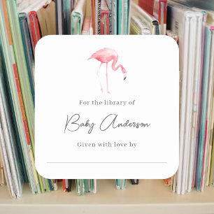 Baby shower bookplate flamingo square sticker