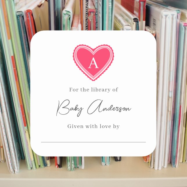 Baby shower bookplate monogram heart square sticker (Creator Uploaded)