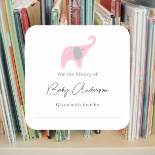 Baby shower bookplate pink elephant square sticker