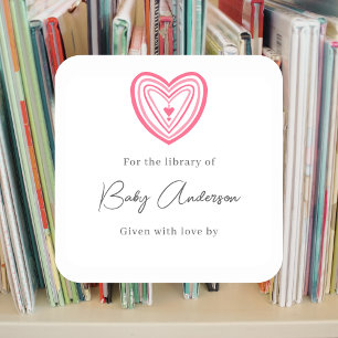 Baby shower bookplate pink heart square sticker
