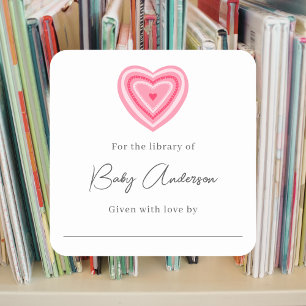 Baby shower bookplate pink valentine heart square sticker