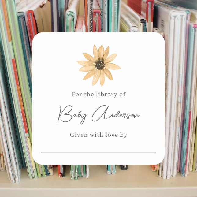Baby shower bookplate single daisy square sticker (Creator Uploaded)