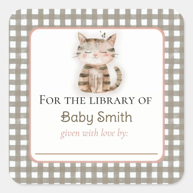 Baby Shower Bookplate Sticker with Cute Kitten (Front)