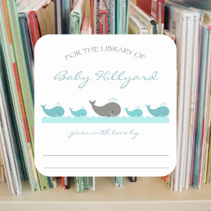 Baby Shower bookplates / turquoise grey whales Square Sticker