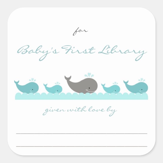 Baby Shower bookplates / turquoise whales Square Sticker (Front)