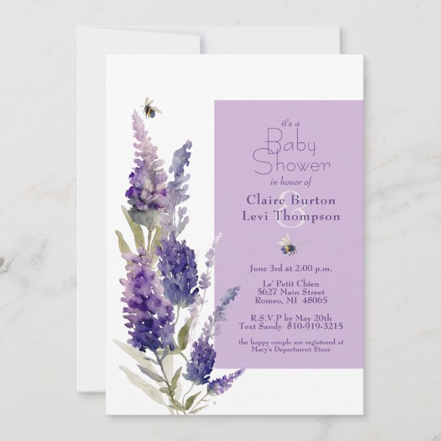 Baby Shower Botanical Lavender Floral Purple Invitation (Front)