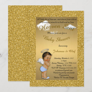 Baby Shower Boy, Baby Angel, glitter, Gold, braket Invitation