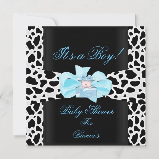 Baby Shower Boy Baby Blue Black White Cow Print Invitation (Front)