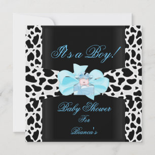 Baby Shower Boy Baby Blue Black White Cow Print Invitation