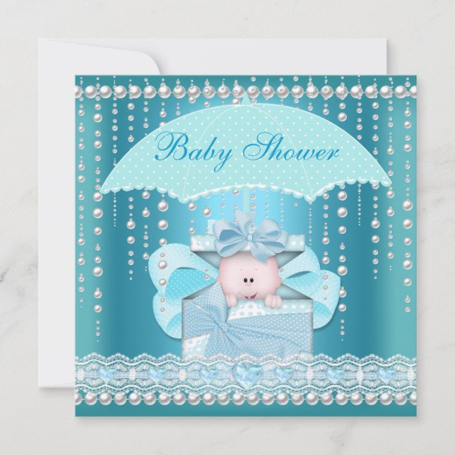 Baby Shower Boy Baby Blue Pearl Umbrella Invitation (Front)