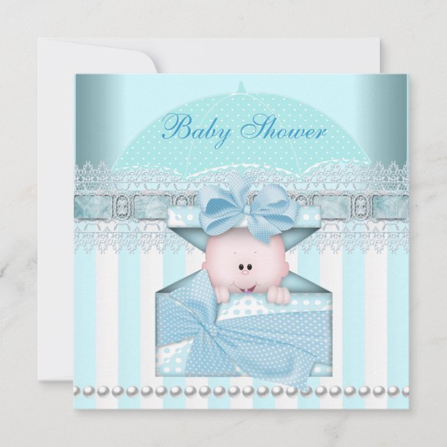 Baby Shower Boy Baby Blue Teal Umbrella Stripe Invitation (Front)