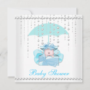Baby Shower Boy Baby Blue Umbrella Pearl White Invitation